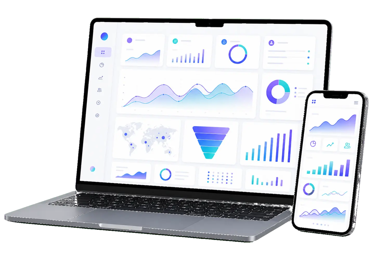 Mockup premium de laptop y teléfono mostrando dashboards responsivos de analíticas web