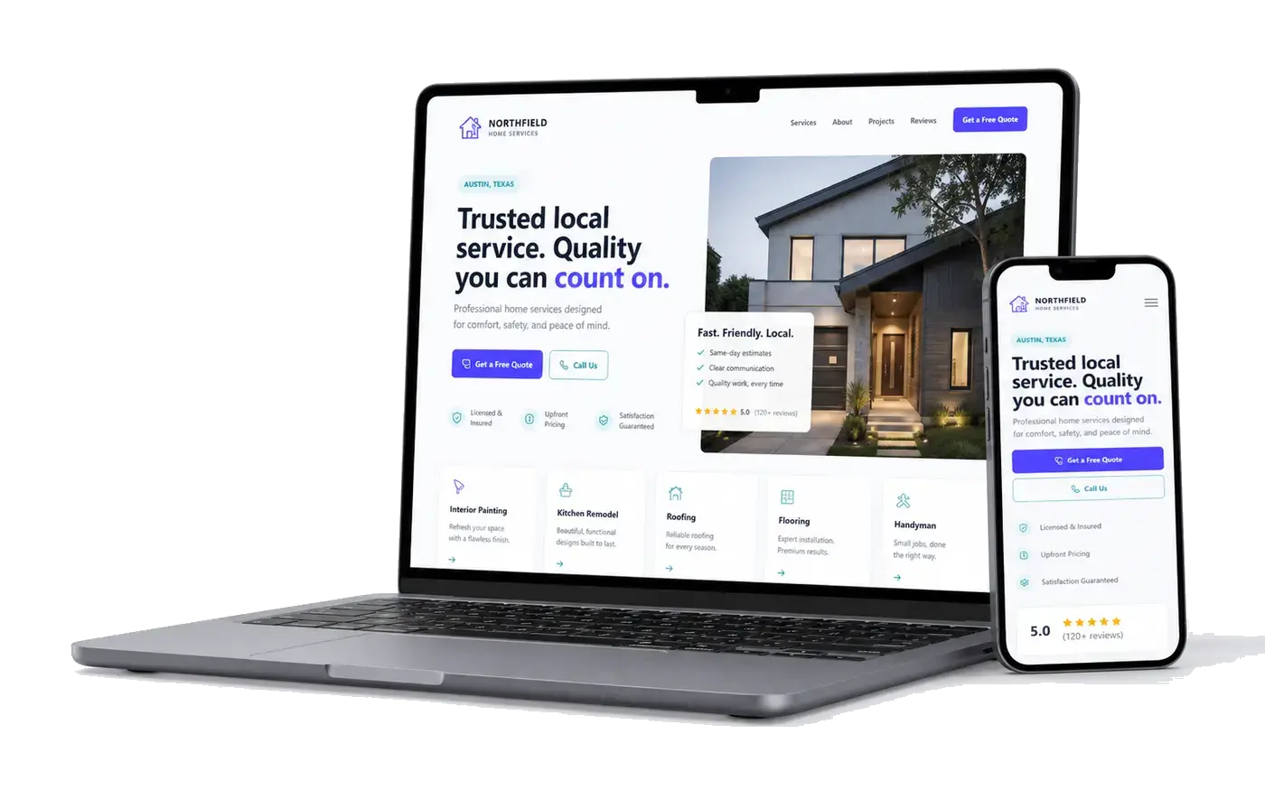 Premium laptop and phone mockup showing a responsive local business website