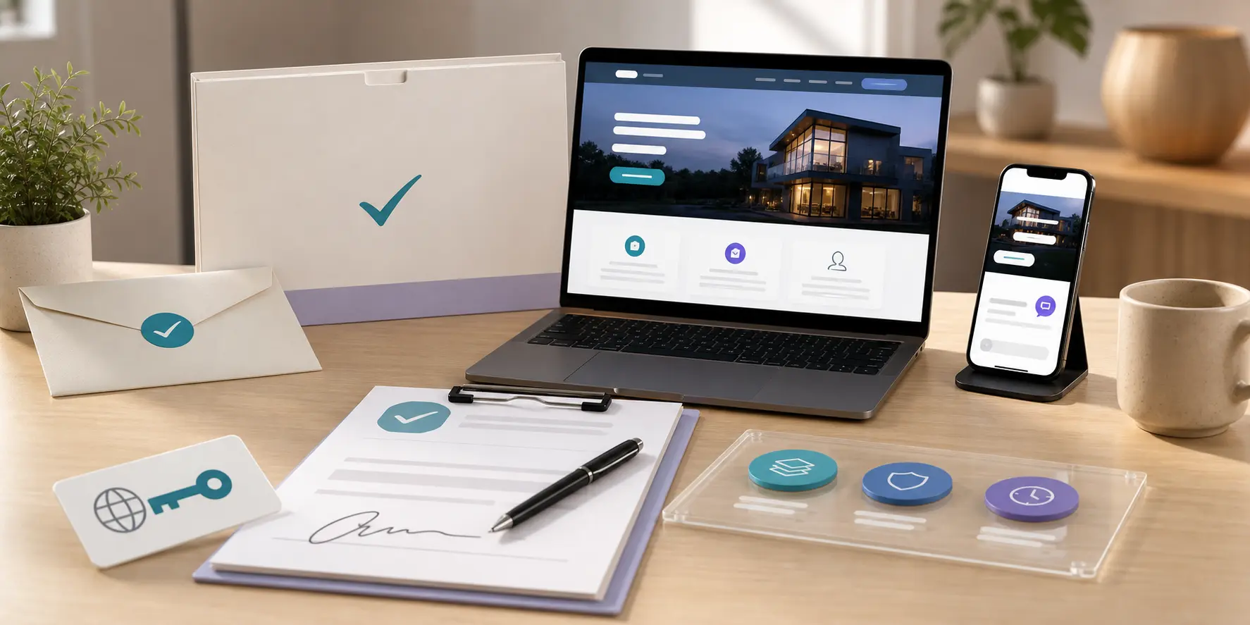 Website handoff desk with laptop, phone, approval sheet, envelope, and domain key card
