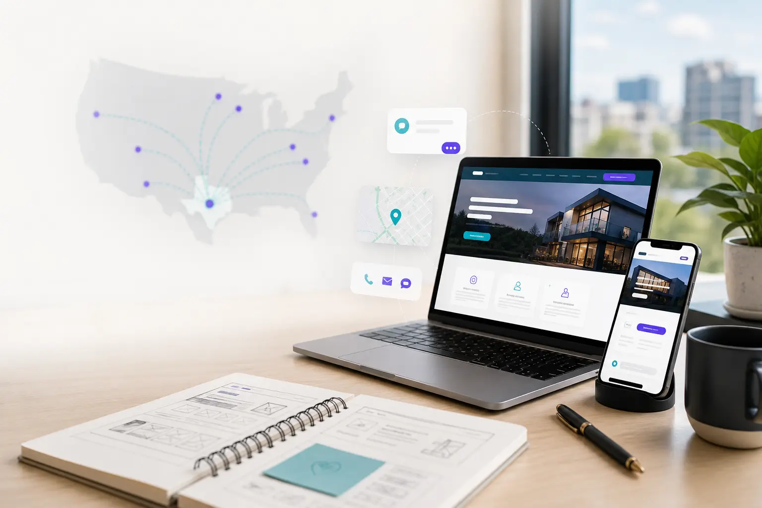 Laptop and phone mockup showing a remote small business website workspace
