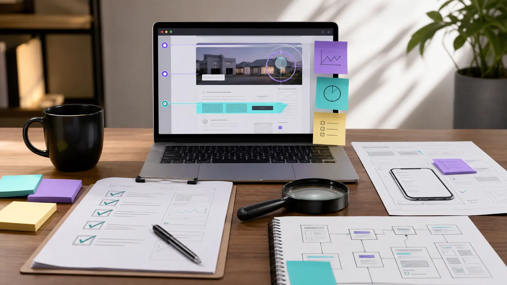Website inspection desk with laptop, checklist, notes, and diagnostic review materials