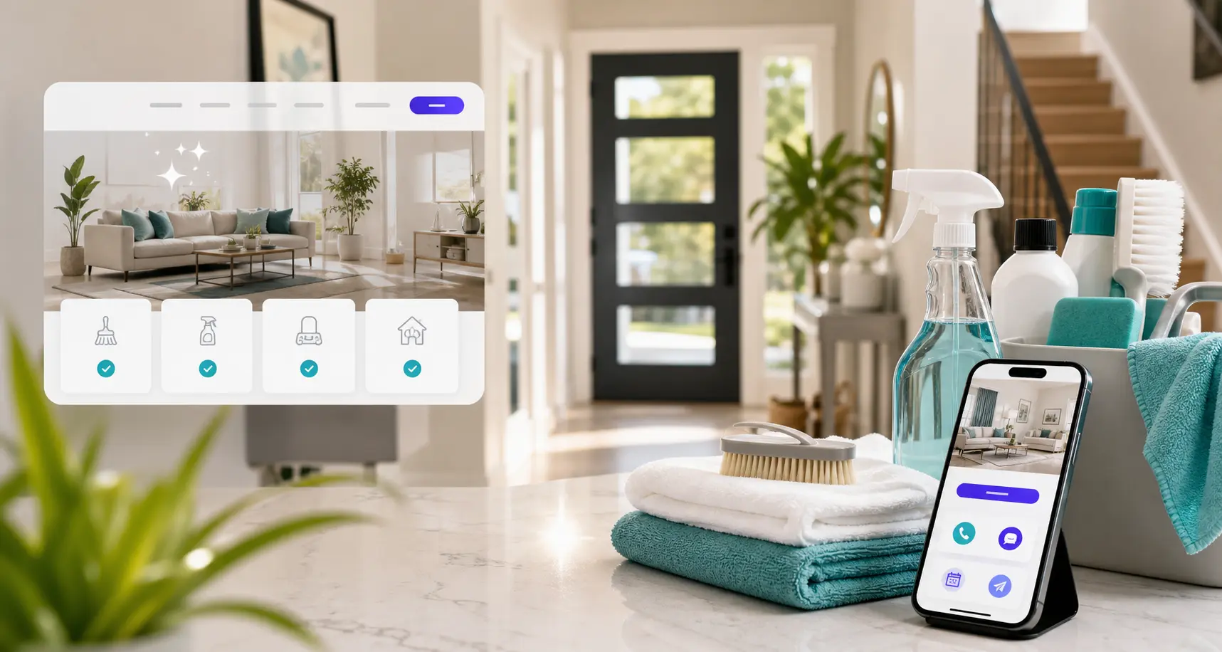 Cleaning service website mockup with cleaning supplies and mobile contact paths